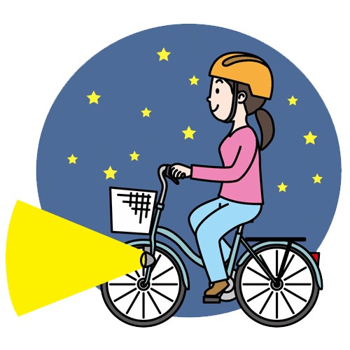 夜間、ライトを点けて走る自転車の画像
