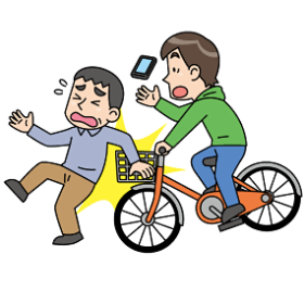 スマートフォンを見ながら自転車に乗り人とぶつかっている画像