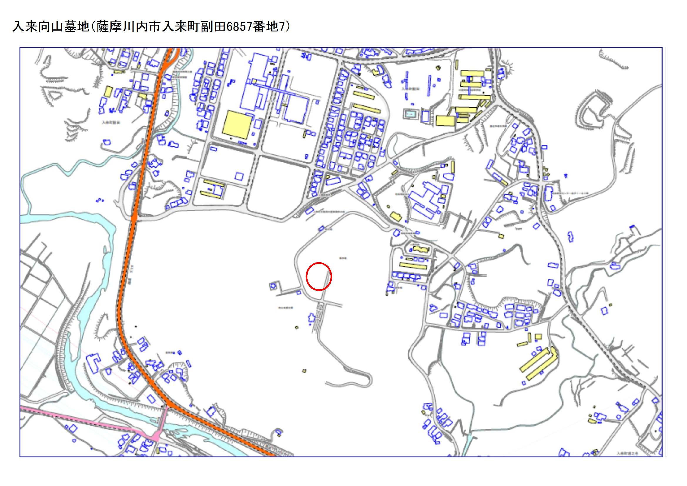 入来向山墓地を示した地図
