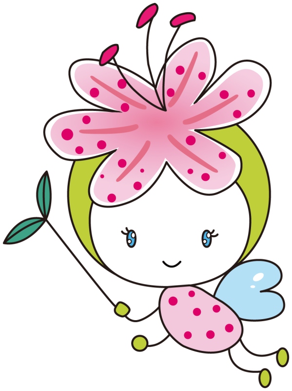 おでこにかのこゆりの花をのせ、手に枝葉を持っているかのこゆりの妖精カノッコのイラスト