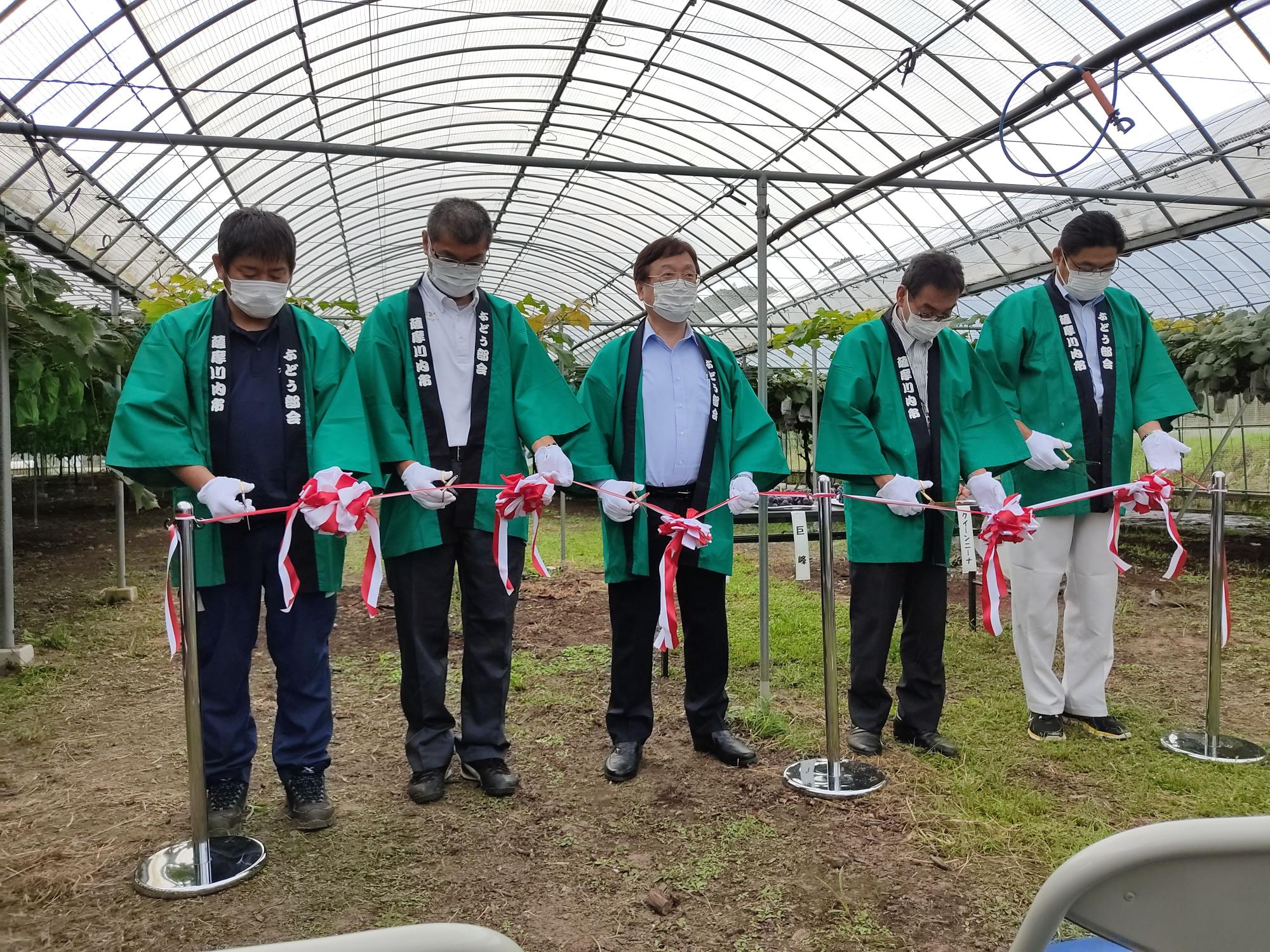 ブドウ園にてテープカットを行う緑色の法被を着た男性たちの写真