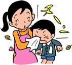 鼻をかむ子供とティッシュを押さえる保育士のイラスト