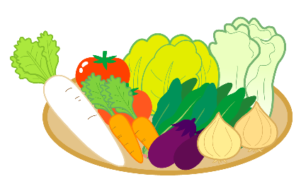 茶色の丸い器に大根、人参、トマト、キャベツ、ナスなど複数の野菜がのっているイラスト