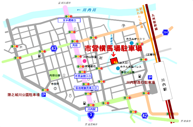 市営横馬場駐車場への案内地図。国道3号を、市民会館前交差点で東に曲がり、約200メートル進んだ左側にあります。