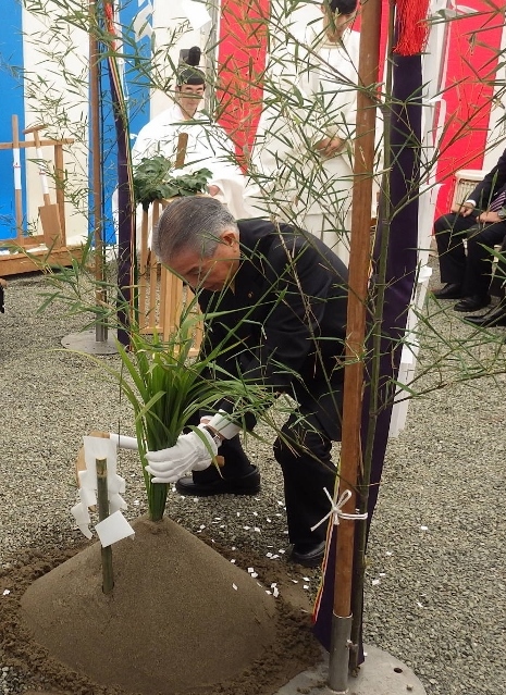 砂山の天辺に細長い葉の植物を差し込むスーツ姿の男性の写真