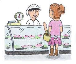 肉屋の店頭で購入者の見える位置に「はかり」が置かれているイラスト