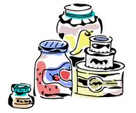 缶詰やビンに入れられたジャム等が描かれているイラスト