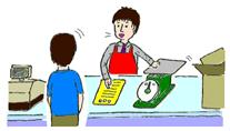 はかりを販売する店員と客のイラスト
