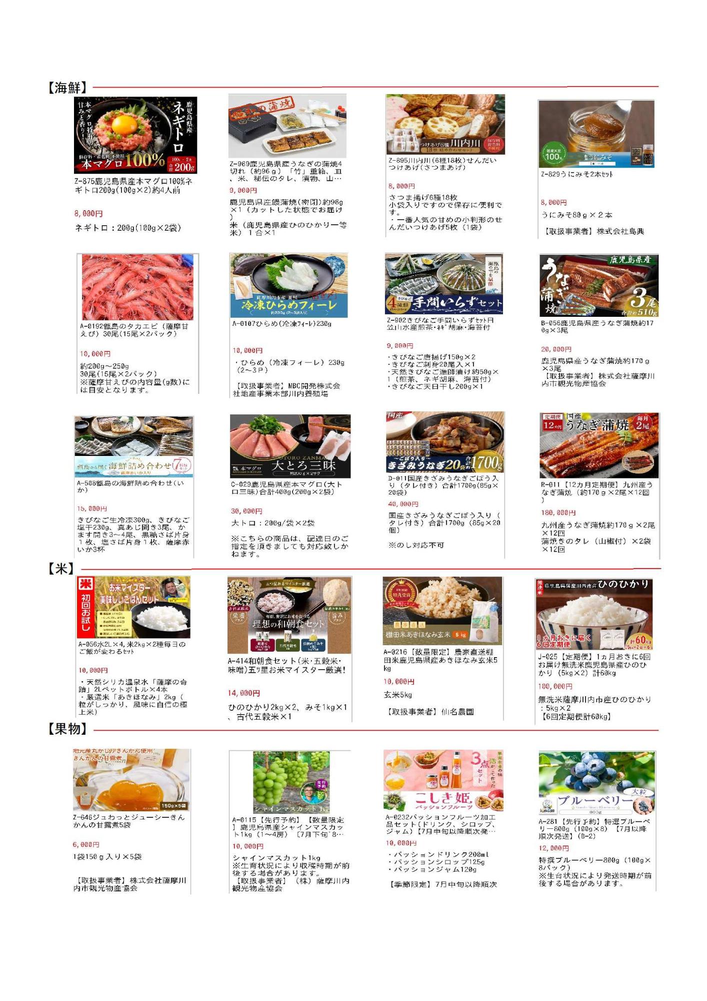 主な返礼品の一覧表2
