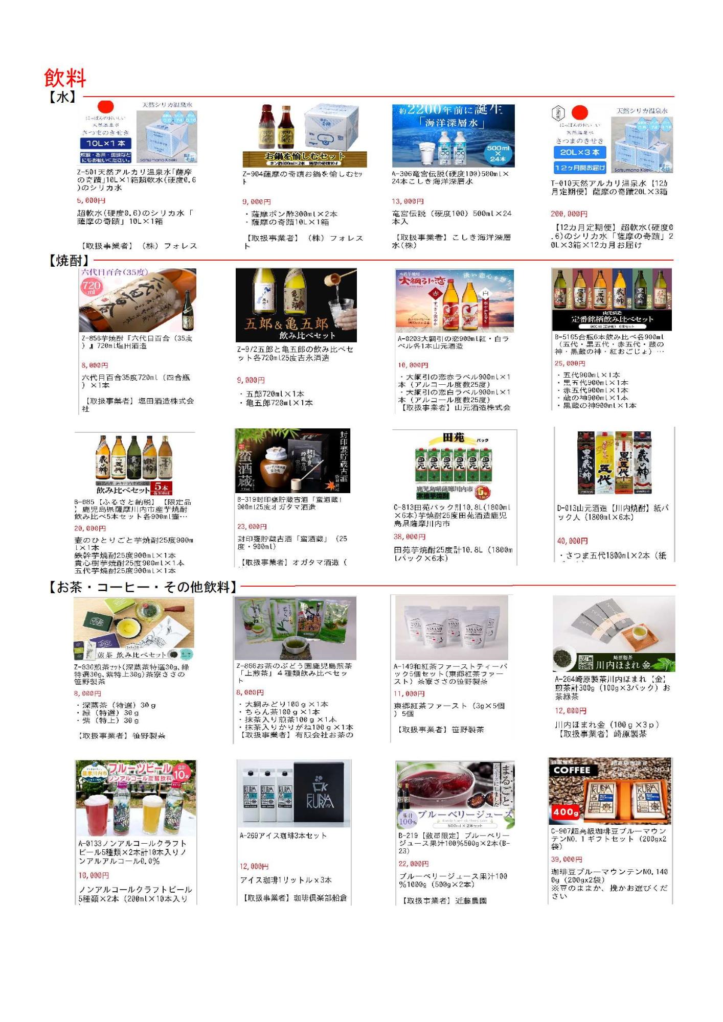 主な返礼品の一覧表3