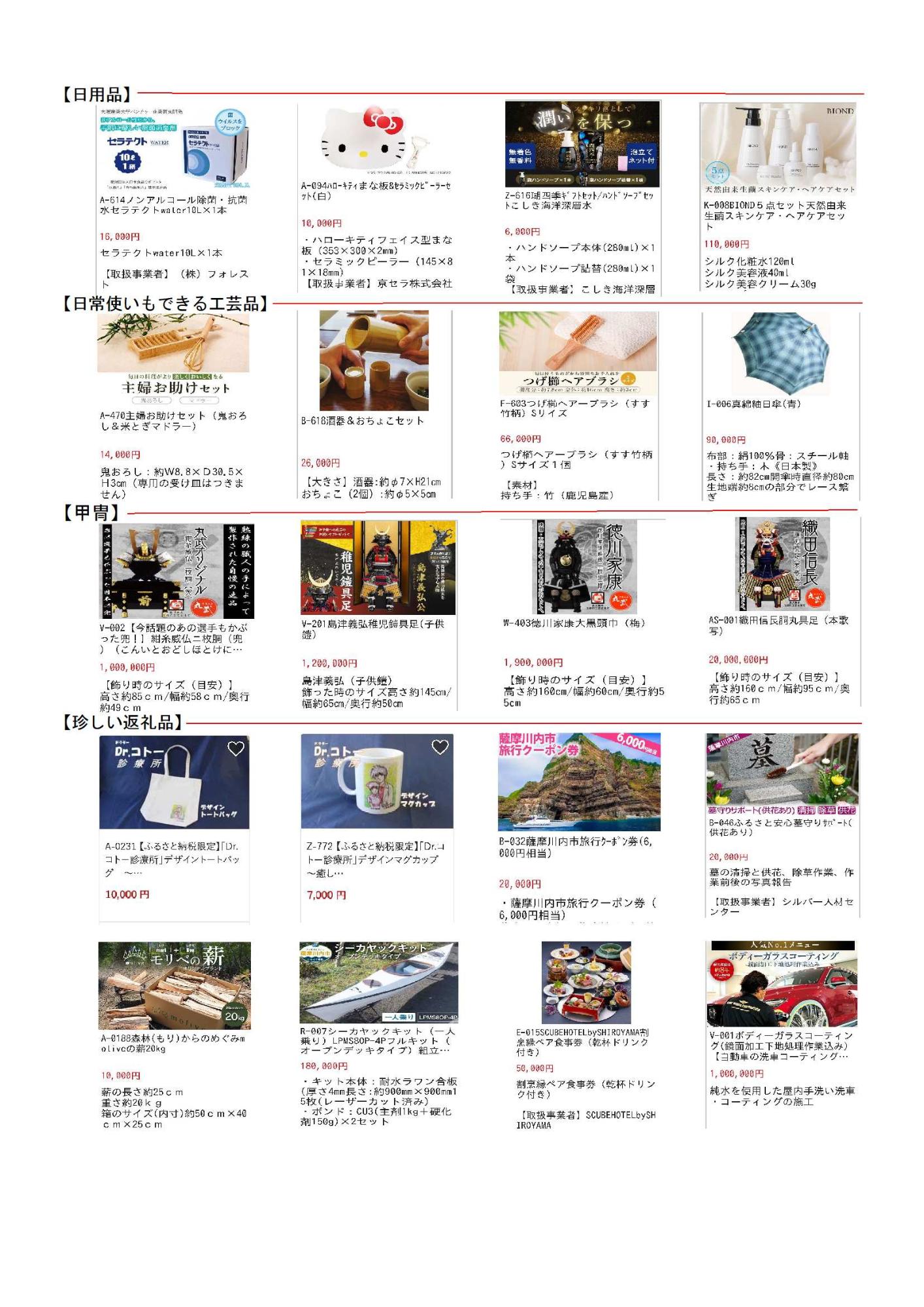 主な返礼品の一覧表4