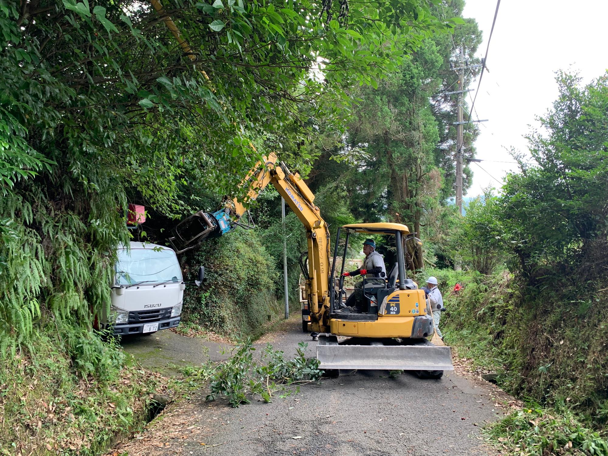 向江園自治会(南瀬地区)で、道路脇に植えられた木々の枝葉が伸びて、電線に引っかかりそうになっている。1人の男性が油圧ショベルに乗って、電線に引っかかりそうな枝葉を伐採している。また地上では、伐採した枝葉を乗せるためのトラックがそばに2台ある様子を写した写真。
