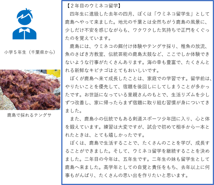 左上に「小学5年生(千葉県から)」と書かれた男子をイメージした青い子どものイラストと、左下に「鹿島で取れるテングサ」と書かれた大量のテングサが岩の上に置かれている写真と、右側に「2年目のウミネコ留学」に対するコメントが書かれているイラスト