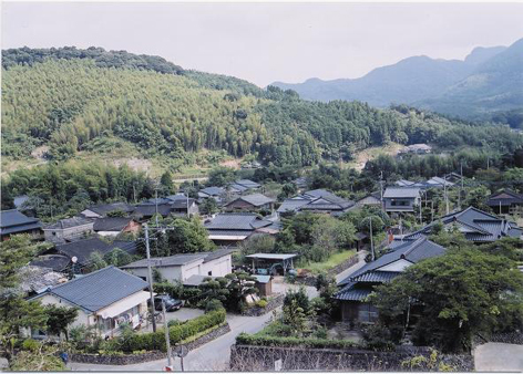 奥に山があり、手前に住宅街が見える写真