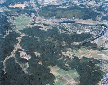 上空から撮影された、畑と木々と城跡が見える写真