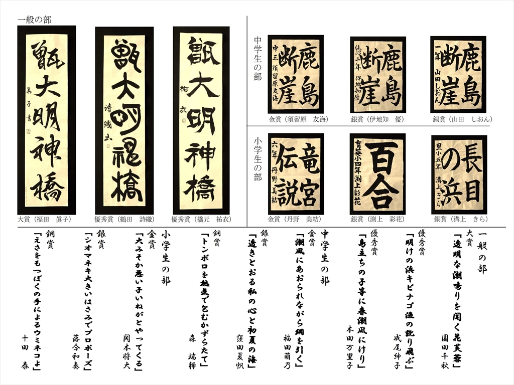 第19回トンボロ芸術村コンテスト 書道・俳句部門 一般の部・中学生の部・小学生の部各賞のコラージュ写真