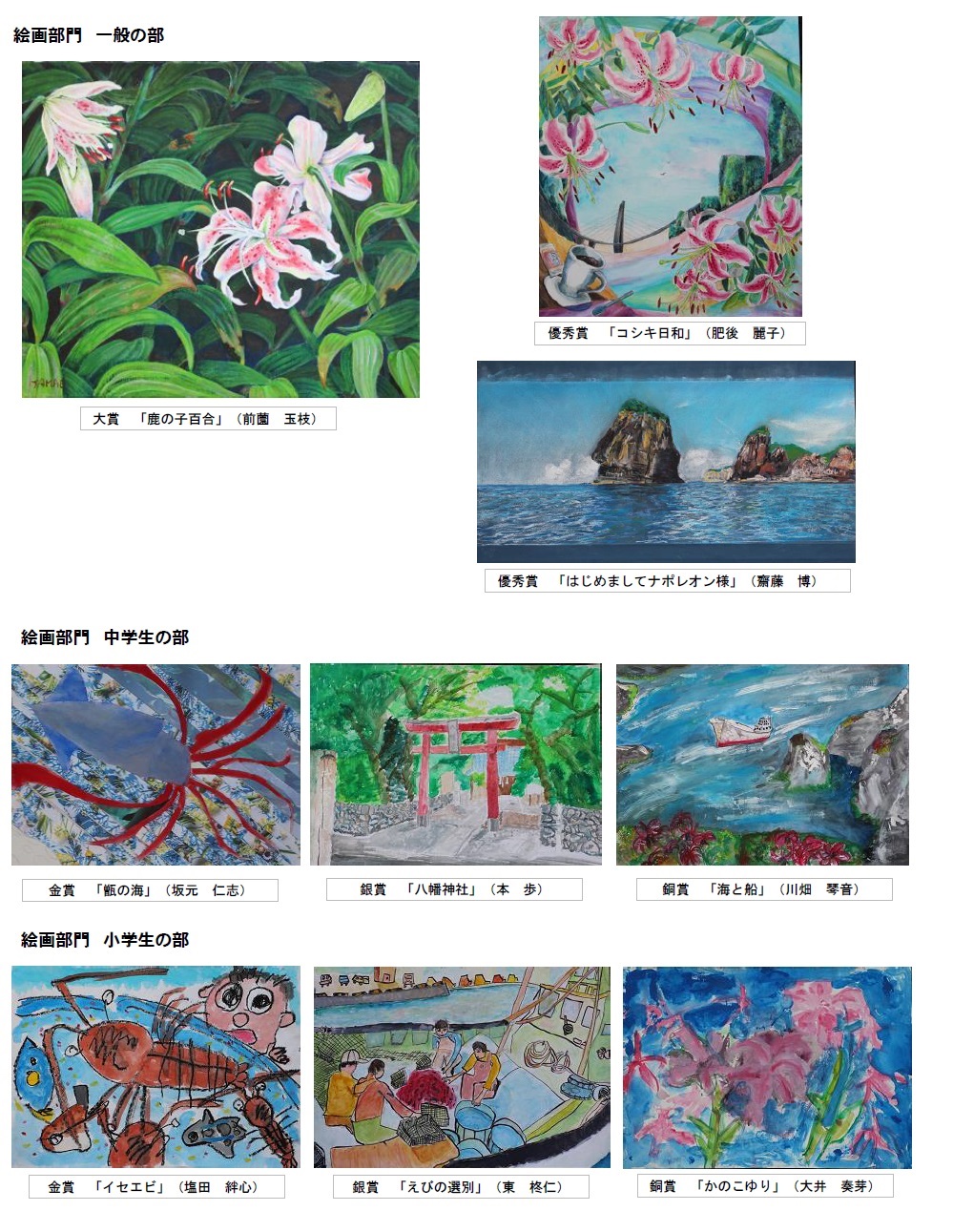 第21回トンボロ芸術村コンテスト絵画部門、大賞・優秀賞・金賞・銀賞・銅賞のコラージュ写真
