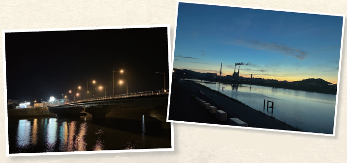夜の太平橋（左）と太平橋横から見た景色（右）