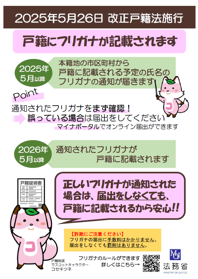 戸籍に振り仮名が記載されます。戸籍に記載される予定の氏名の振り仮名の通知が届きます。