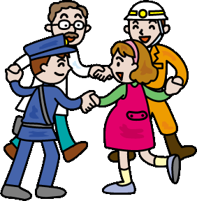 警察官と作業着を着た男性と女性と男性が手を繋ぎ輪になっているイラスト