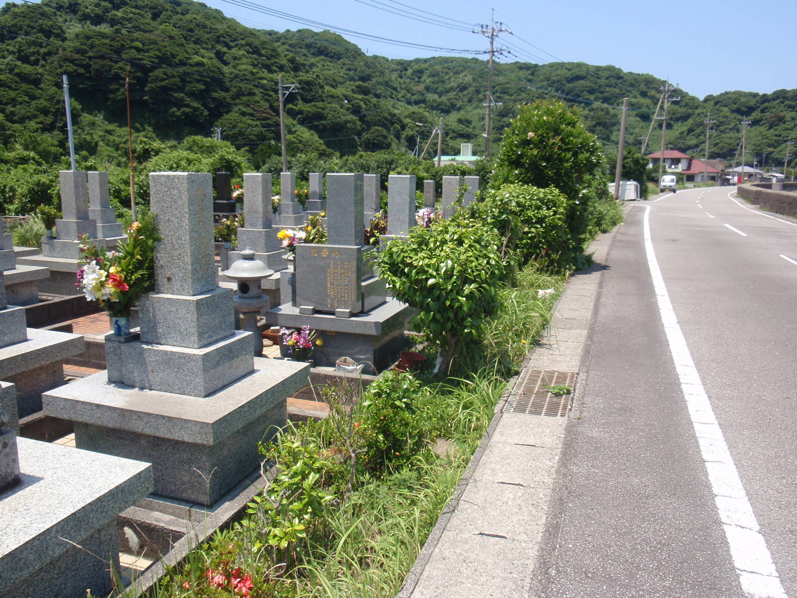 青空の下、広がる山と山に沿う様に通る道路の間に、花がお供えされた数基のお墓がある墓地の写真