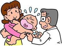 泣く赤ちゃんを抱っこする母親とその赤ちゃんに注射をする医師のイラスト