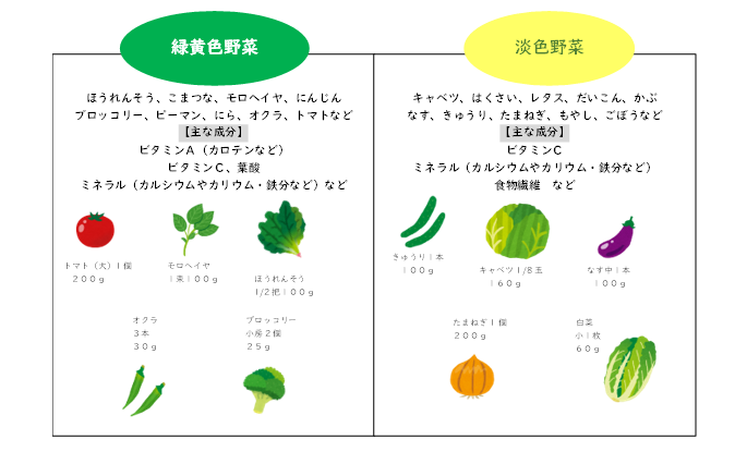 緑黄色野菜と淡色野菜の種類を示す写真