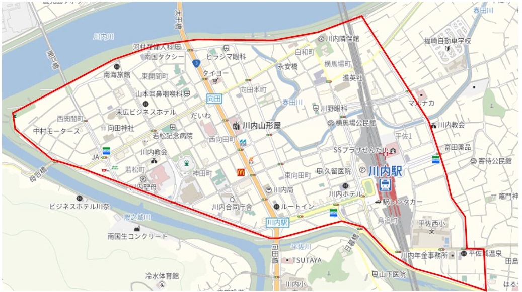 中心市街地の区域は、東向田町、西向田町、向田本町、神田町、若松町、東開聞町、西開聞町、横馬場町、鳥追町、白和町、平佐町の一部、平佐一丁目です。