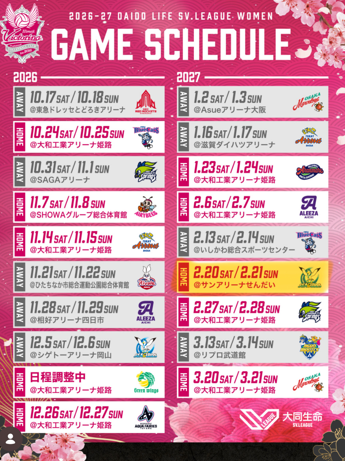 svリーグ 日程表