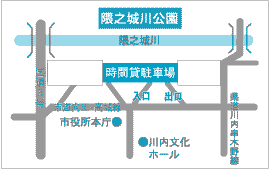 隈之城川公園付近の、時間賃駐車場の場所を書いた地図