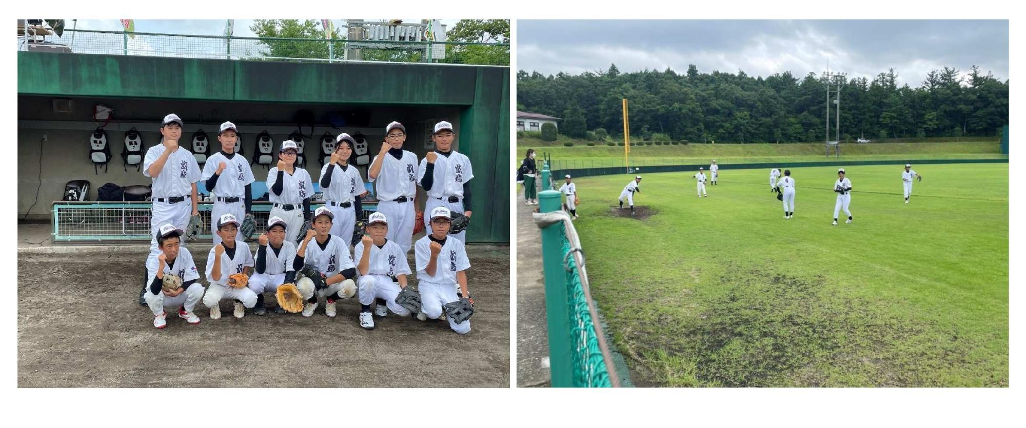 白い野球ユニフォームを着てガッツポーズをとる子供たちの写真（左）芝生の上でキャッチボールをする白いユニフォームの子供たちの写真（右）