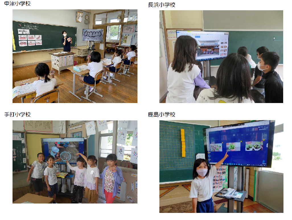 中津小学校、長浜小学校、手打小学校、鹿島小学校での、大きなスクリーンがある教室での授業の写真