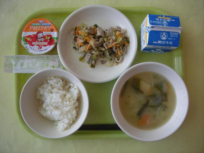 麦ごはん、豚肉の塩だれどんぶりの具、もやしと厚揚げのみそ汁、アセロラゼリー、牛乳の写真