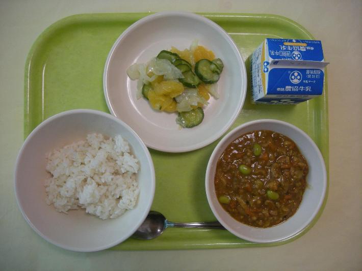 麦ごはん、ドライカレー、甘夏みかんサラダ、牛乳の写真