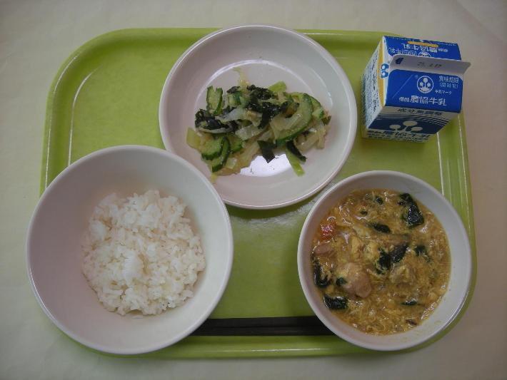 白ごはん、親子どんぶり、おしんこ和え、牛乳の写真