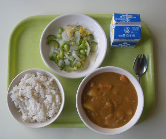 麦ごはん、チキンカレー、新玉ねぎのサラダ、牛乳の写真