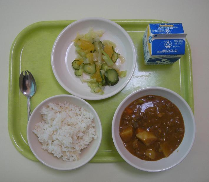 麦ごはん、ハヤシライス、甘夏みかんゼリー、牛乳の写真