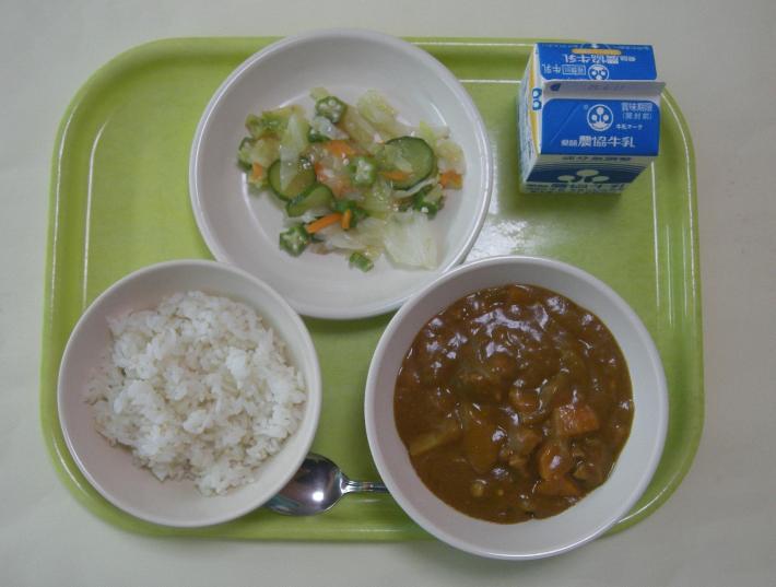 麦ごはん、キチンカレー、玉ねぎドレッシングサラダ、牛乳の写真