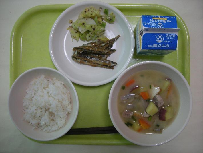 麦ごはん、さつま汁、きびなごの甘辛煮、ゆでキャベツ（しそ風味）、牛乳の写真