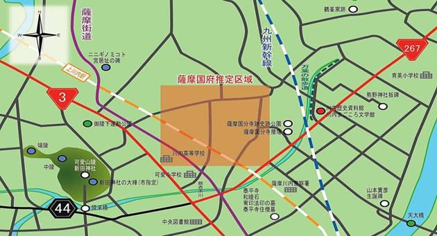 薩摩国府推定区域付近の地図