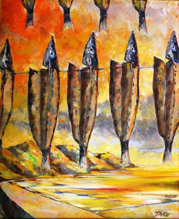 平成18年度トンボロ芸術村絵画部門優秀賞（教育長賞）の天日干しされているかますが夕日に照らされる様子を描いたイラスト