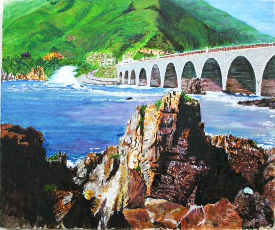 第16回トンボロ芸術村コンテスト 岩場の向こうに大きな橋と山が描かれた、絵画部門大賞の写真