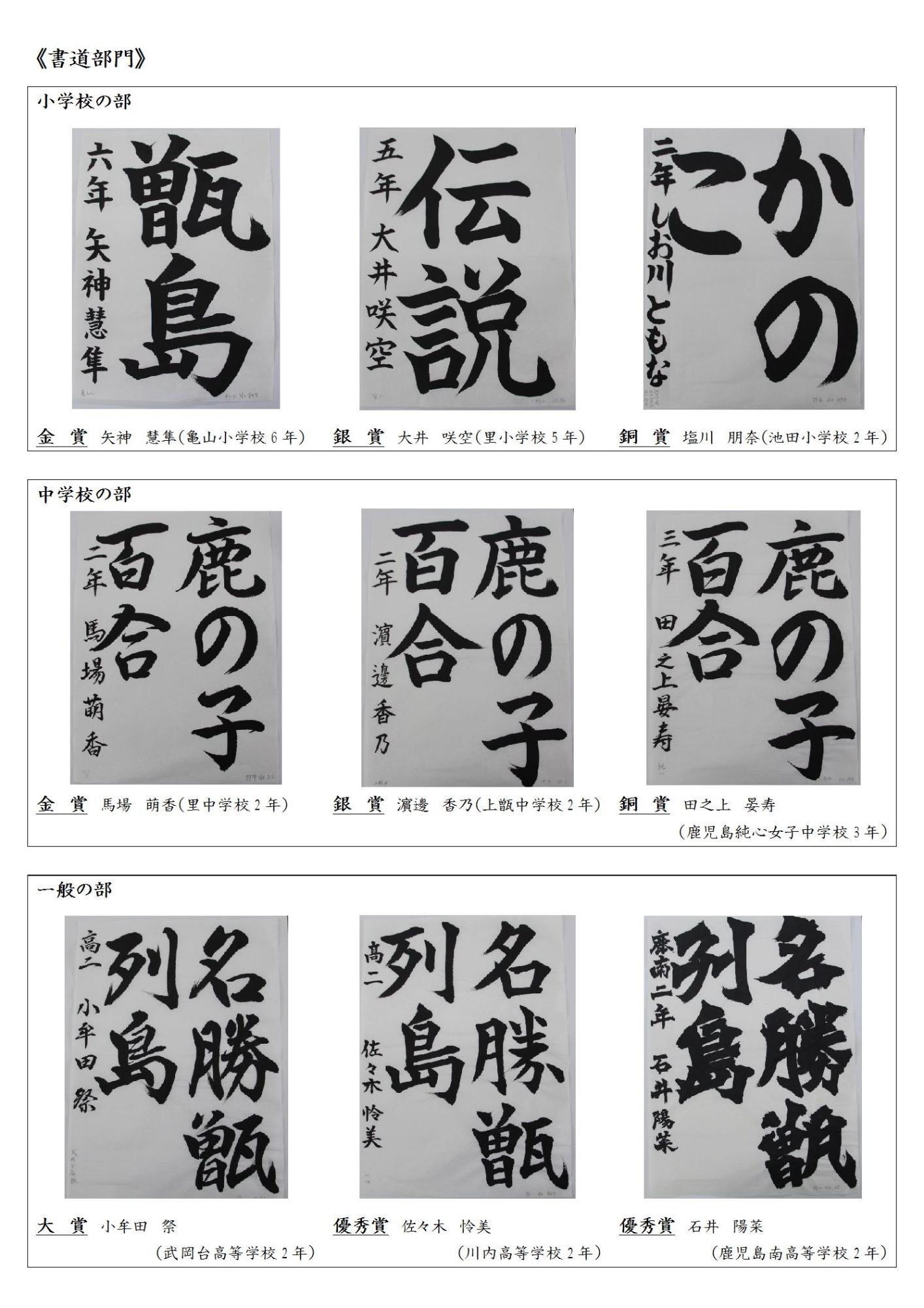 第23回トンボロ芸術村コンテスト書道部門、一般の部・中学校の部・小学校の部各賞のコラージュ写真