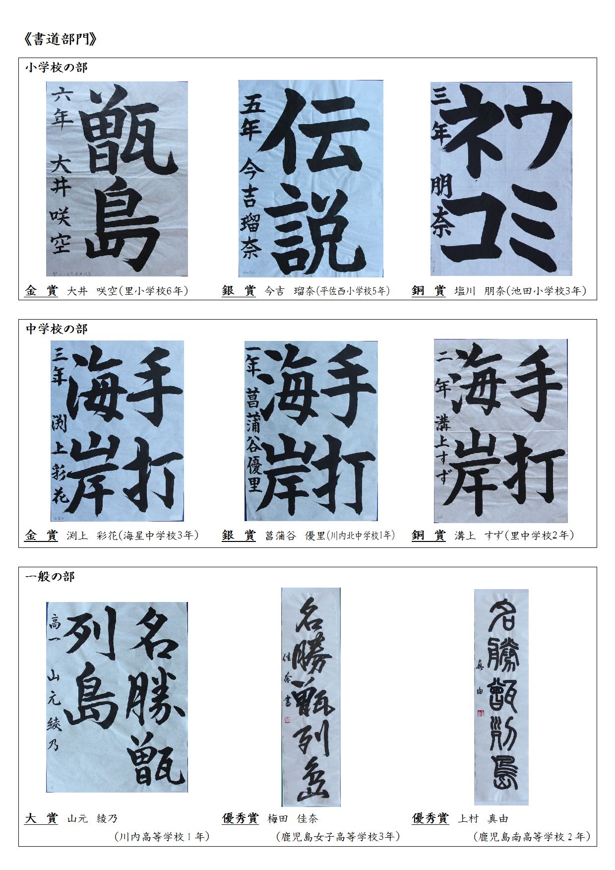 第24回トンボロ芸術村コンテスト書道部門、一般の部・中学校の部・小学校の部各賞のコラージュ写真
