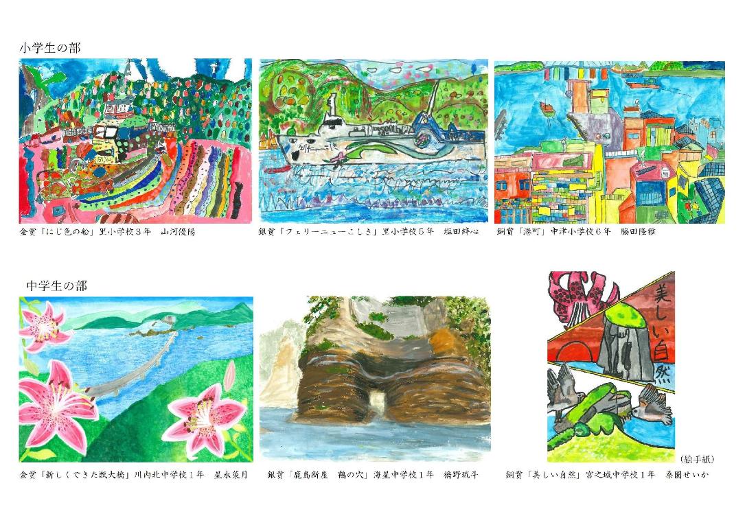 第25回トンボロ芸術村コンテスト絵画部門小学生・中学生の部、金賞・銀賞・銅賞のコラージュ写真