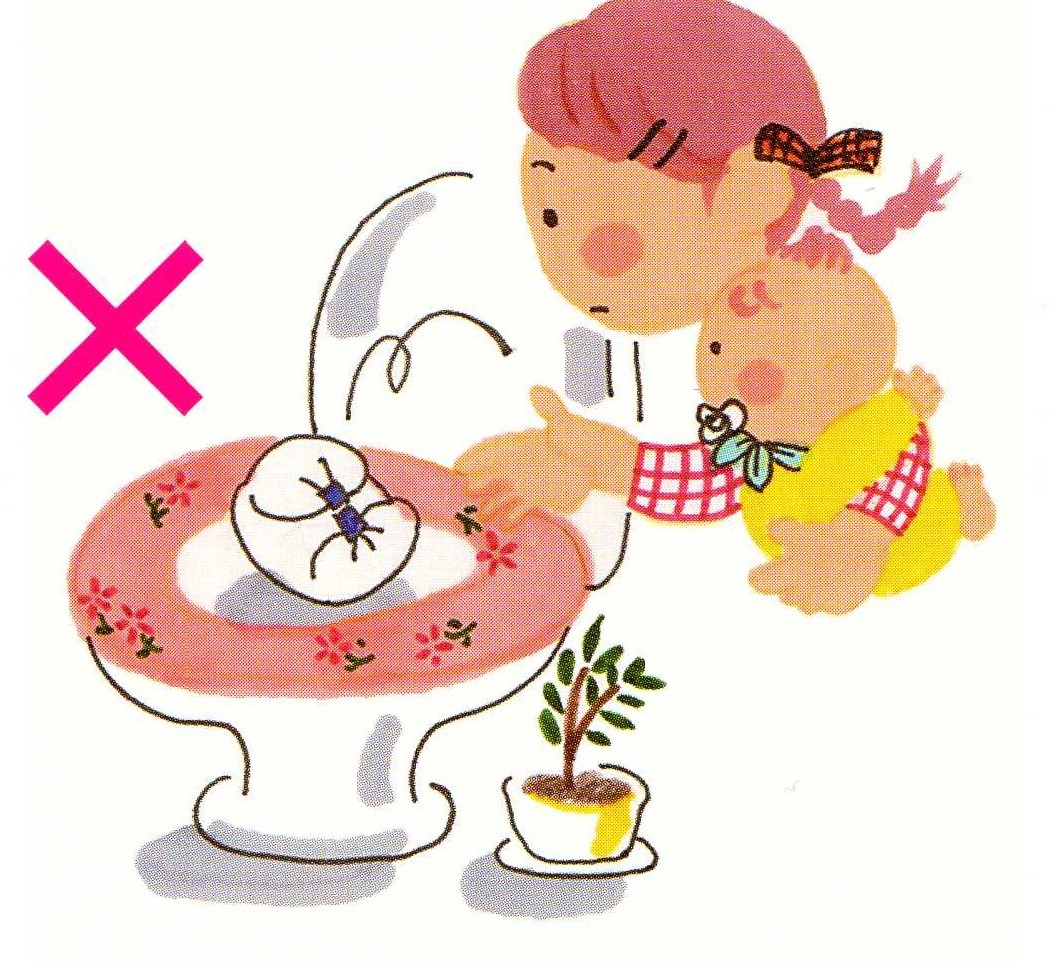母親がおむつをトイレに流してしまっている様子のイラスト