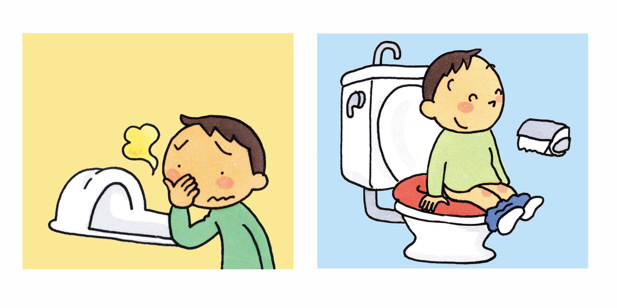 （左から）和式トイレを臭がっている男の子のイラストと洋式トイレで用を足している男の子のイラスト