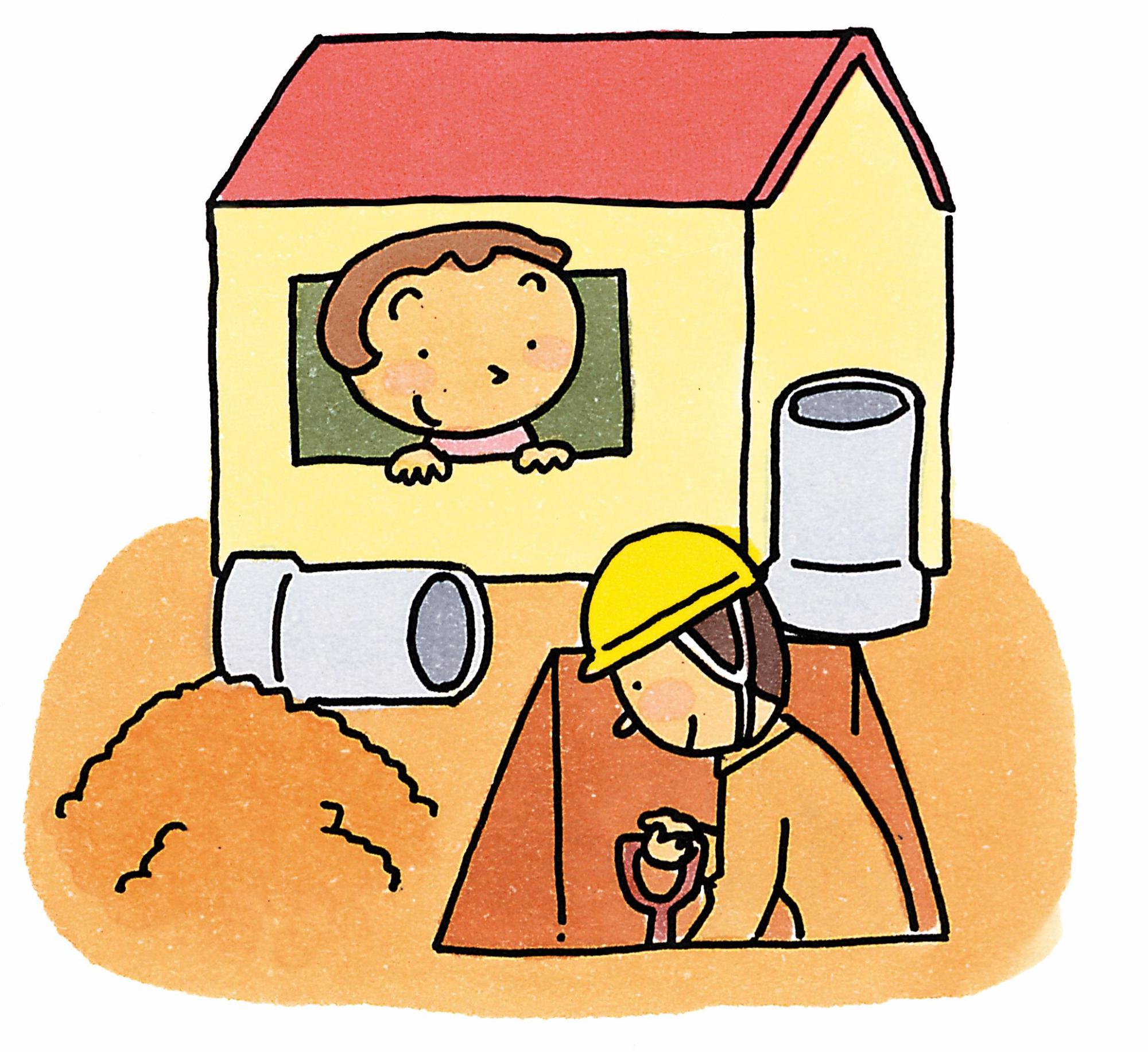 庭で排水設備工事を行う様子を家の中から見守る人のイラスト