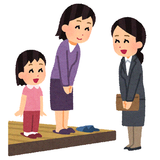 母親と女の子が玄関に立っていて、スーツ姿の女性が訪ねている様子のイラスト